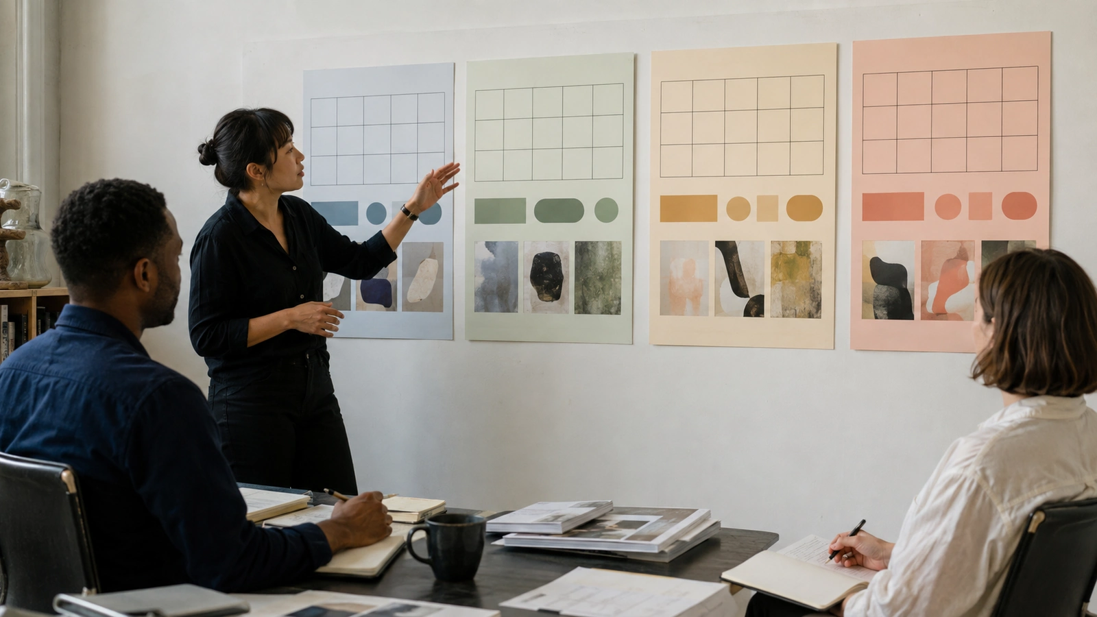 Gallery team comparing timing, evidence, and logistics for four U.S. art fair editions