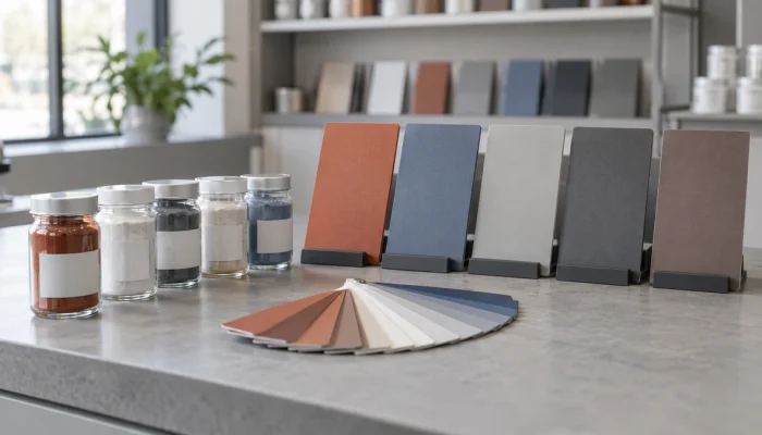 Sealed material samples and coated panels on a supplier display