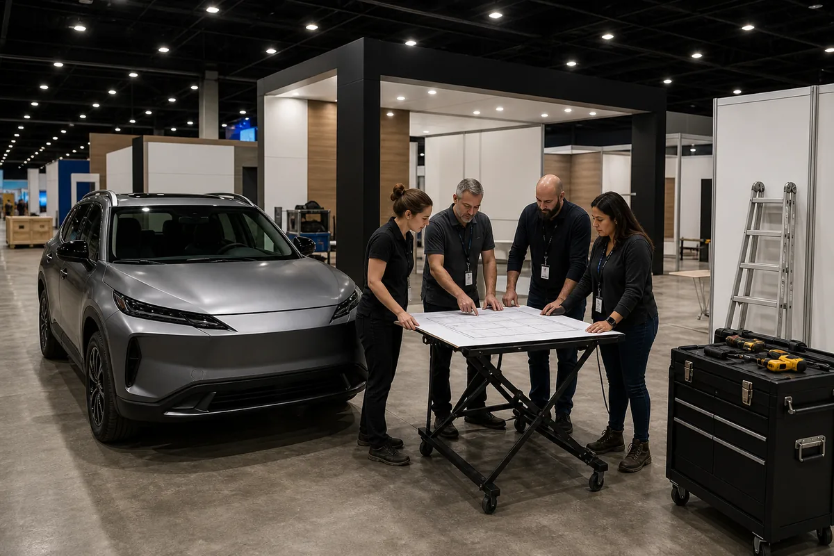 Trade show team planning vehicle placement inside an exhibition booth
