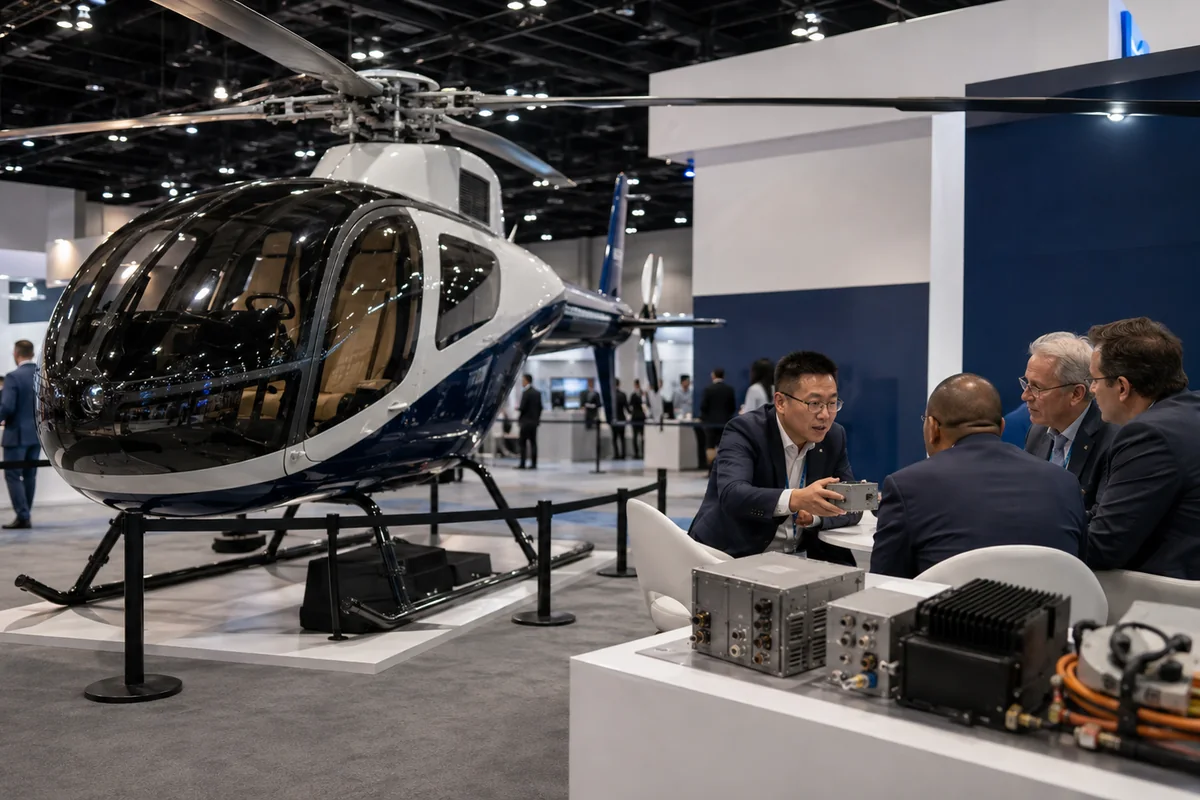 Vertical and general aviation aircraft display at a professional exhibition