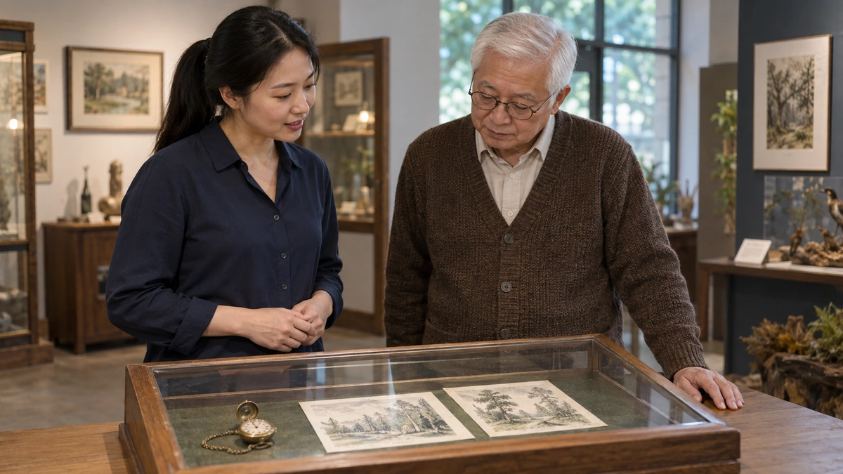 Two adults discussing a historical collection display