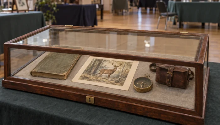Historical memorabilia arranged in a tabletop display case