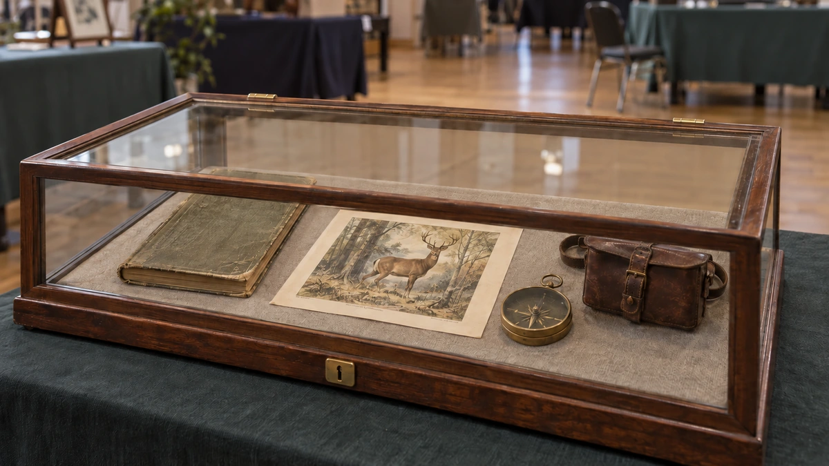 Historical memorabilia arranged in a tabletop display case