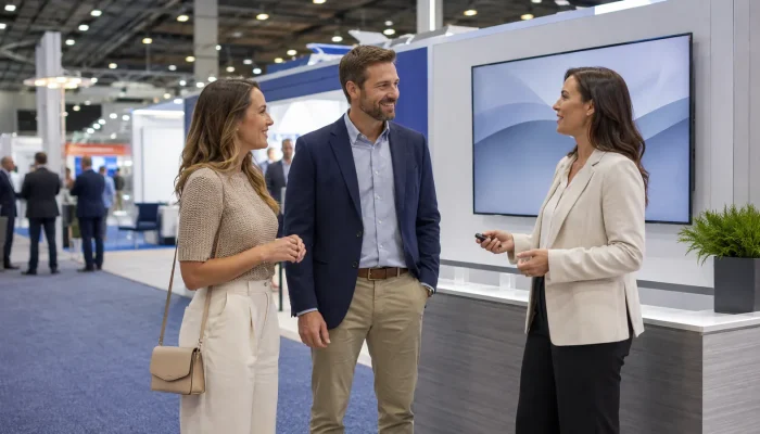 Trade show attendee, booth staff member, and speaker in practical professional attire