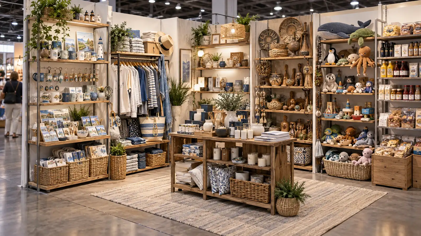 Organized wholesale display grouping souvenirs, apparel, lifestyle gifts, crafts, and specialty items