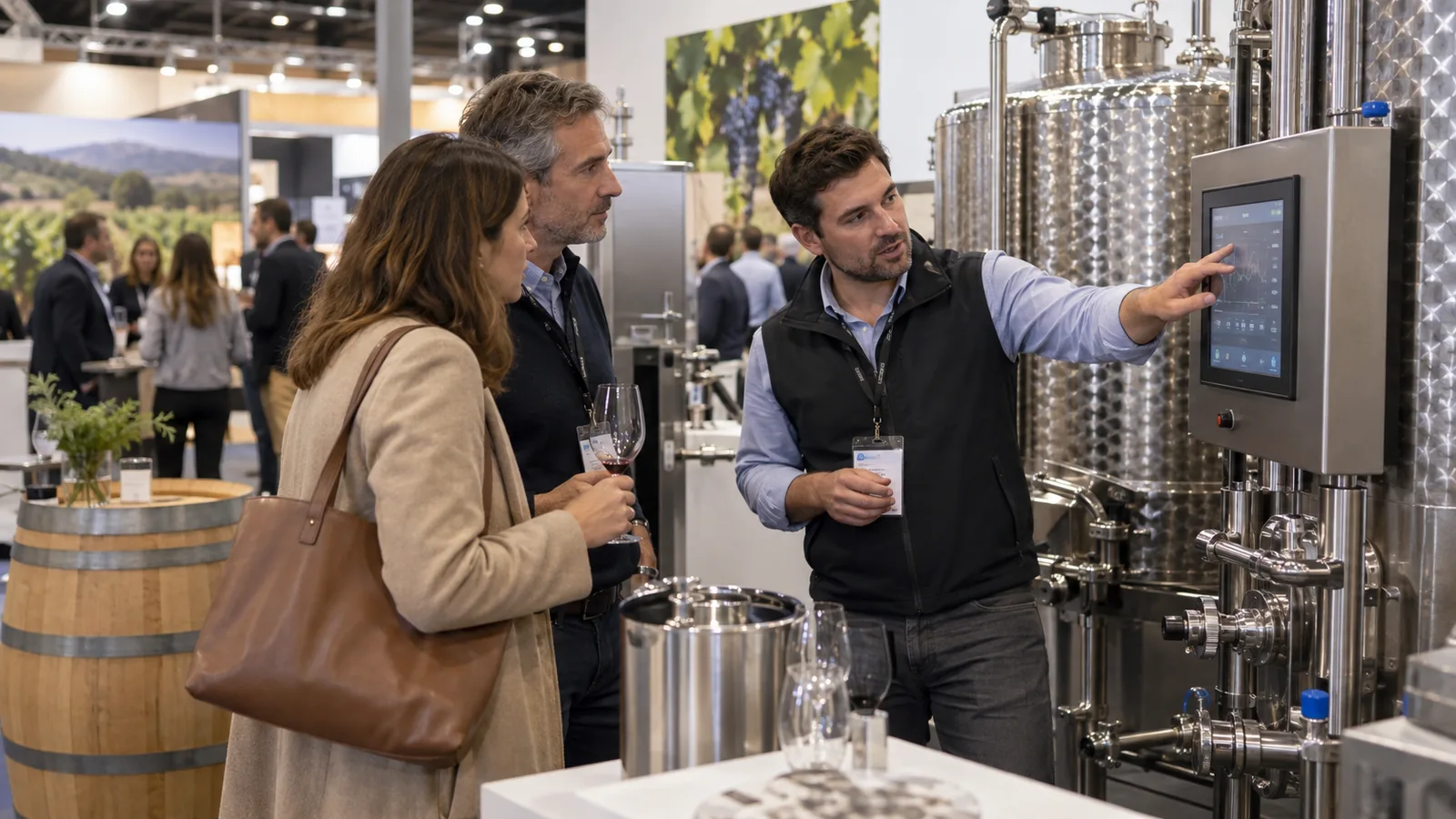 Supplier demonstrating unbranded winery equipment at a compact booth