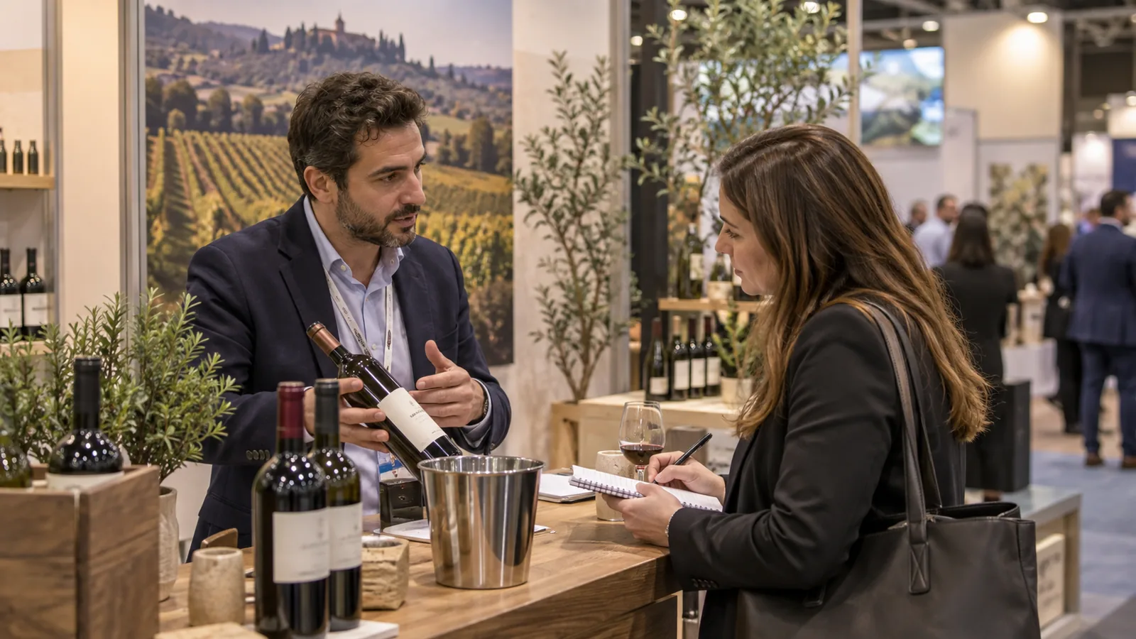 Exhibitor and winery buyer discussing samples and lead notes