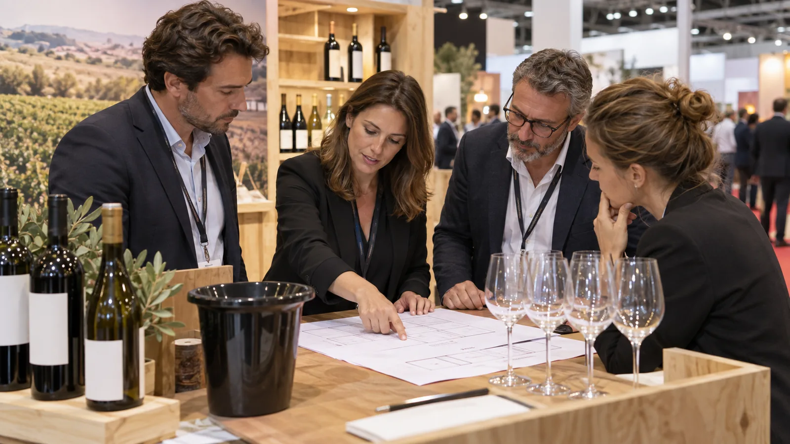 Wine brand team reviewing a regional show map and booth plan