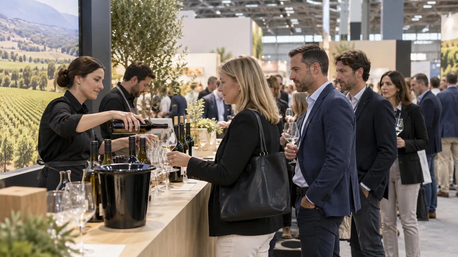 Controlled industry tasting counter with staff and glassware