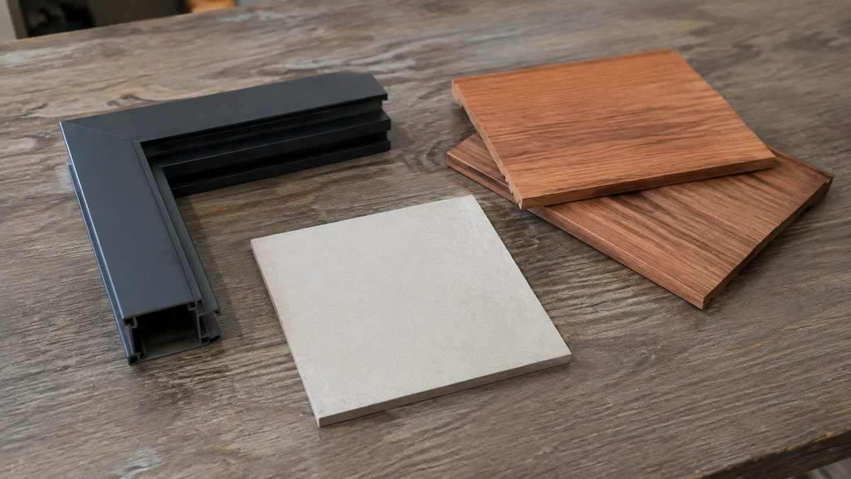 Window frame and exterior material samples arranged for comparison