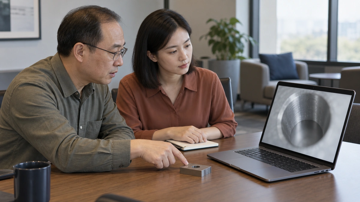 Technical colleagues reviewing a component and inspection image