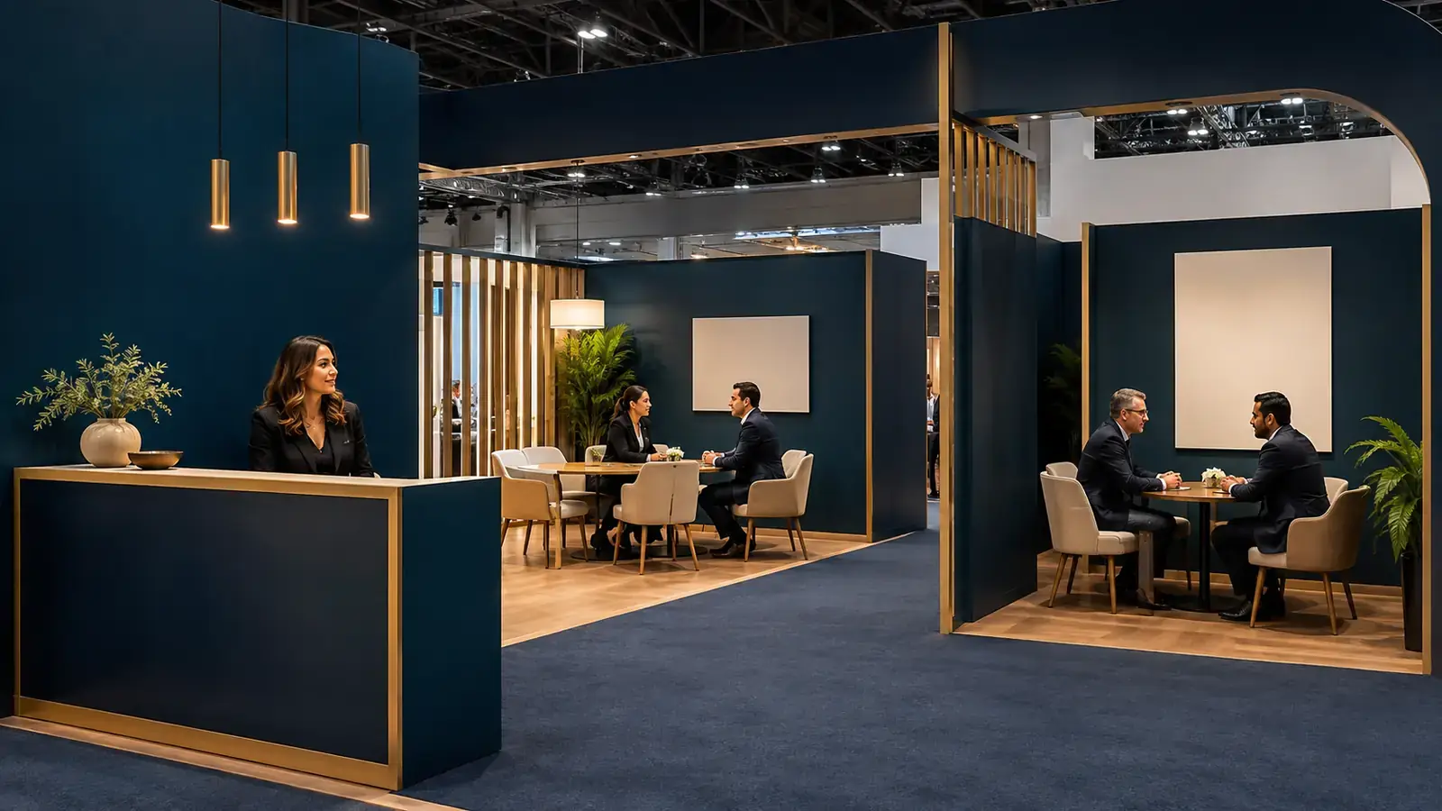 Open exhibition booth layout designed for scheduled buyer meetings.