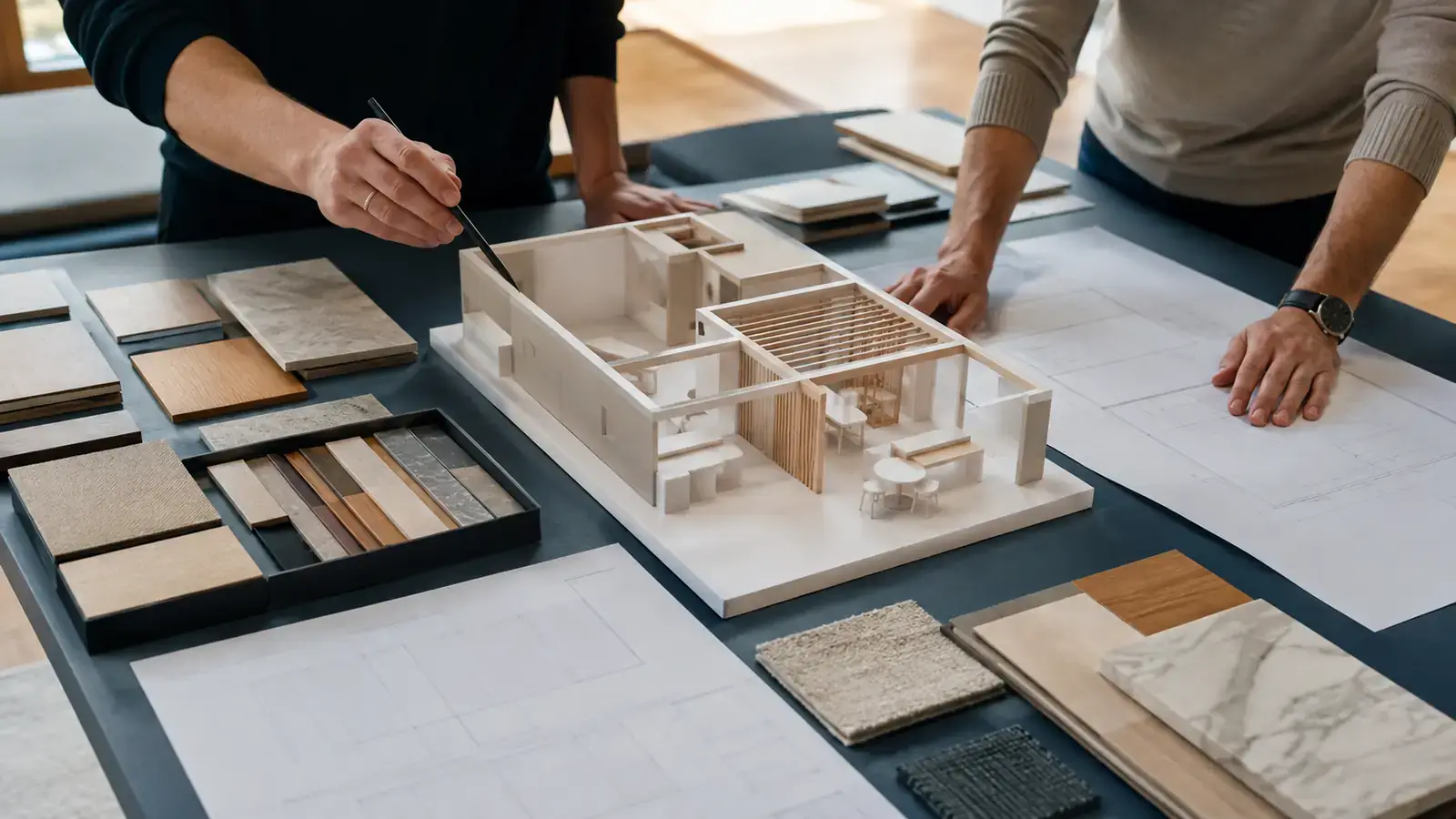 Exhibit team reviewing a custom raw-space booth concept.