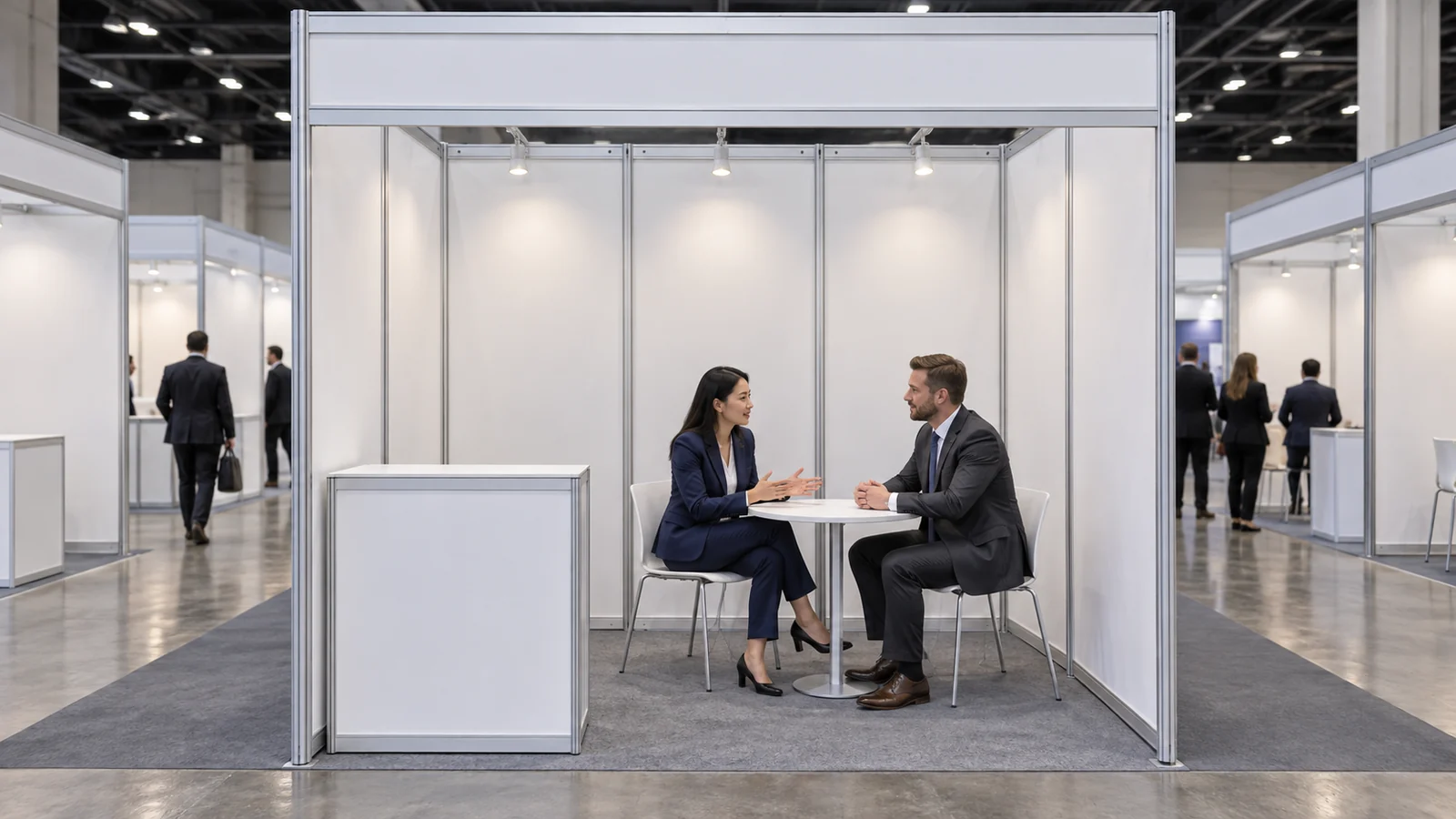 Buyers meeting at a compact aluminum-frame shell-scheme exhibition stand.