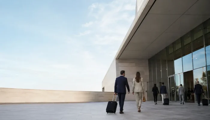 Travel-industry professionals arriving for a B2B trade-show planning day.